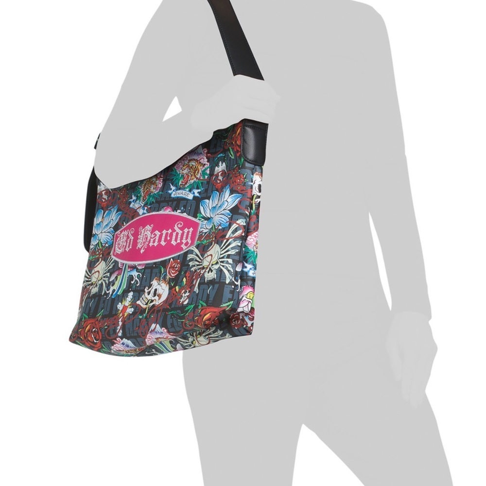 NWT Ed Hardy Black Floral Tattoo Print Shoulder Bag with Pouch - Picture 4 of 7